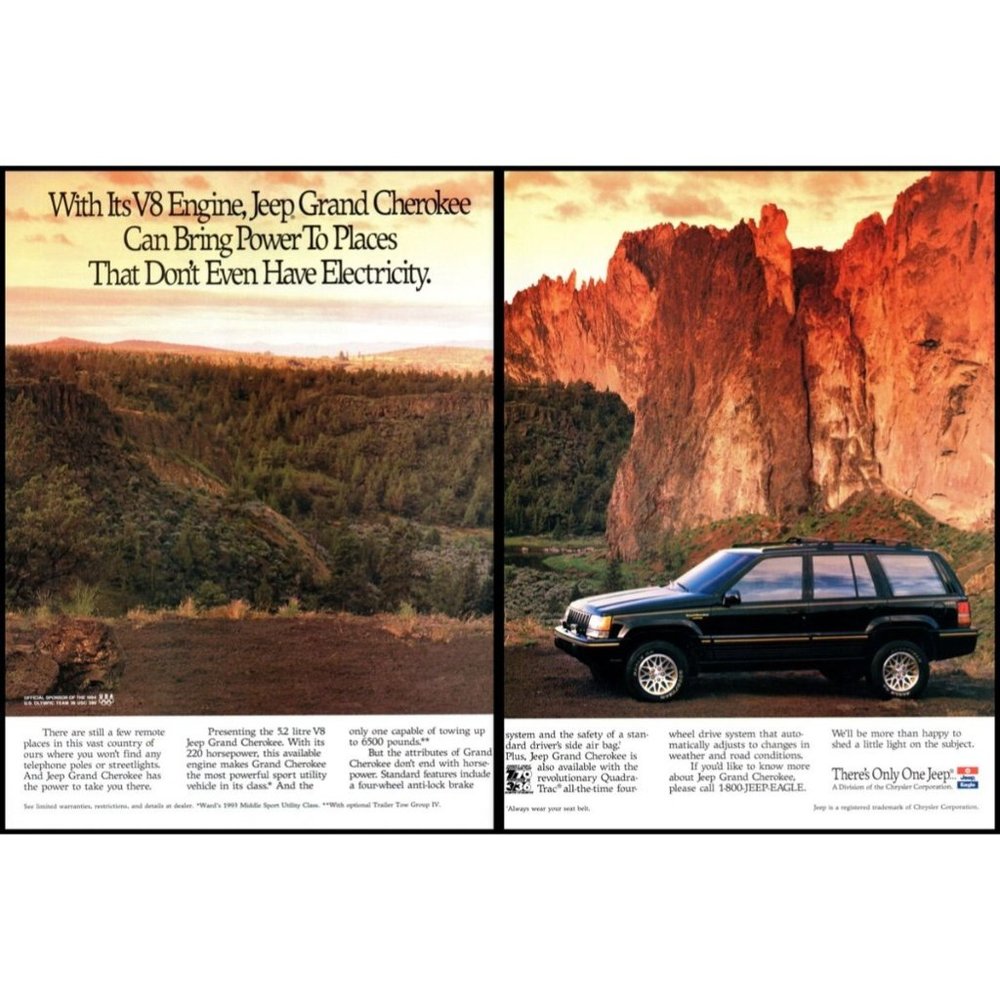 1994 Jeep Grand Cherokee Limited V8 2 Page Vintage Print Ad Nature Cliffs